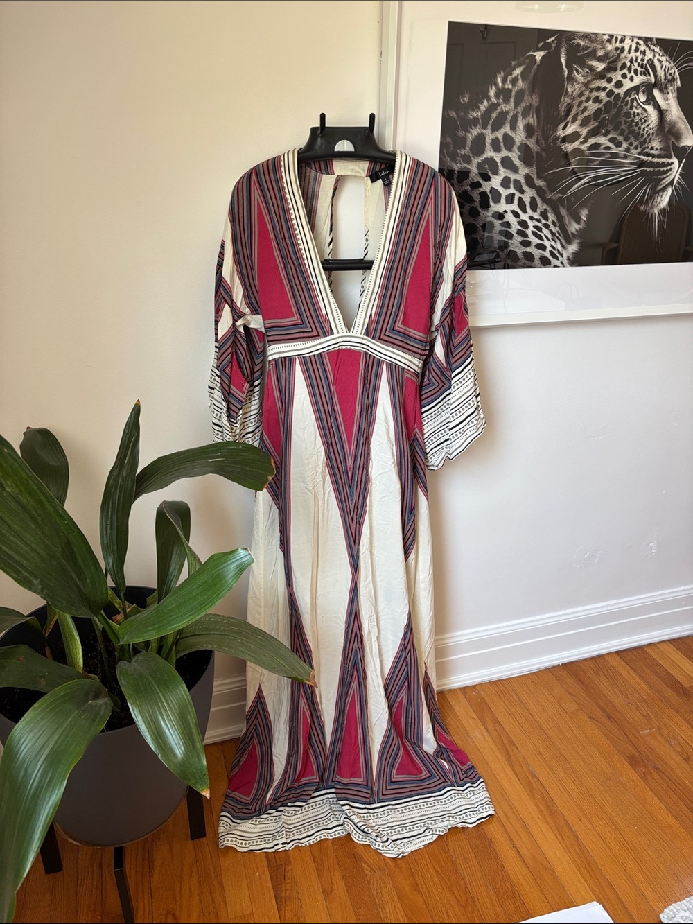 Lulu's Cream Maxi Dress with Pink and Navy Geometric Stripes